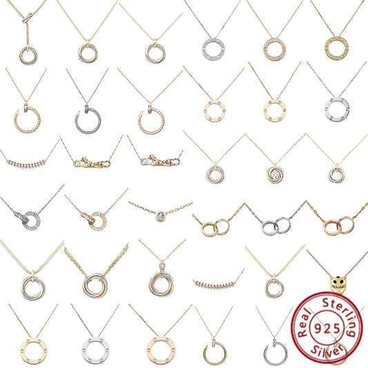 No-EN-Name-Null Adult Women Sterling Silver-Gold Plated Metal Zircon Clear White Diamond Stones Round O-Shaped Fine Imitation Chain Pendant Necklaces/Colors-Gold-Silver/Geometric/Clear/White/Rose Gold