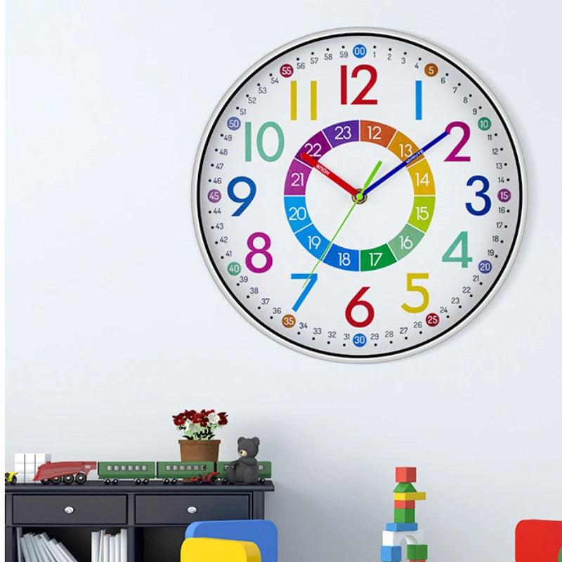 12 Inch Colorful Early Childhood Education Mute Wall Clocks/Punch-Free Battery Electronic Power