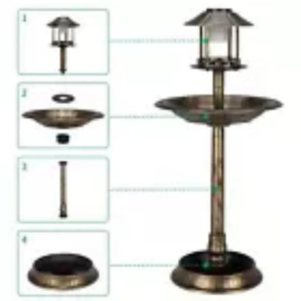 NULL Outdoor Garden Free-Standing Solar-Powered Lights On Top Bronze-Dark Green Round Plastic Weather-Frost Resistant Strong Sturdy Base Resin Bird Baths