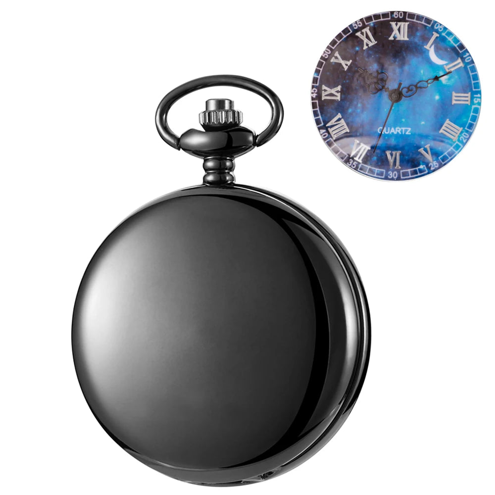 SHUHANG Adults Vintage Quartz Analog Display Hunters Black Glossy Blue Plastic Face Stainless Steel Metal Round Shaped Case White Roman Numeral Black Long Necklace Chain-Pocket Watches