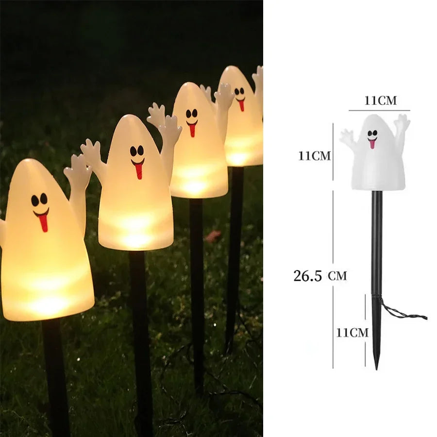 XIWANGFIRE Outdoor Waterproof Warm White LED Bulbs Small-Big Halloween White Ghost-Orange Pumpkin Black Triangle Shaped Eyes-Nose-Mouth Pumpkin Shaped Lantern Solar-Powered Landscape Pathway Lights/Colors-Orange/Black/White/Multicolor