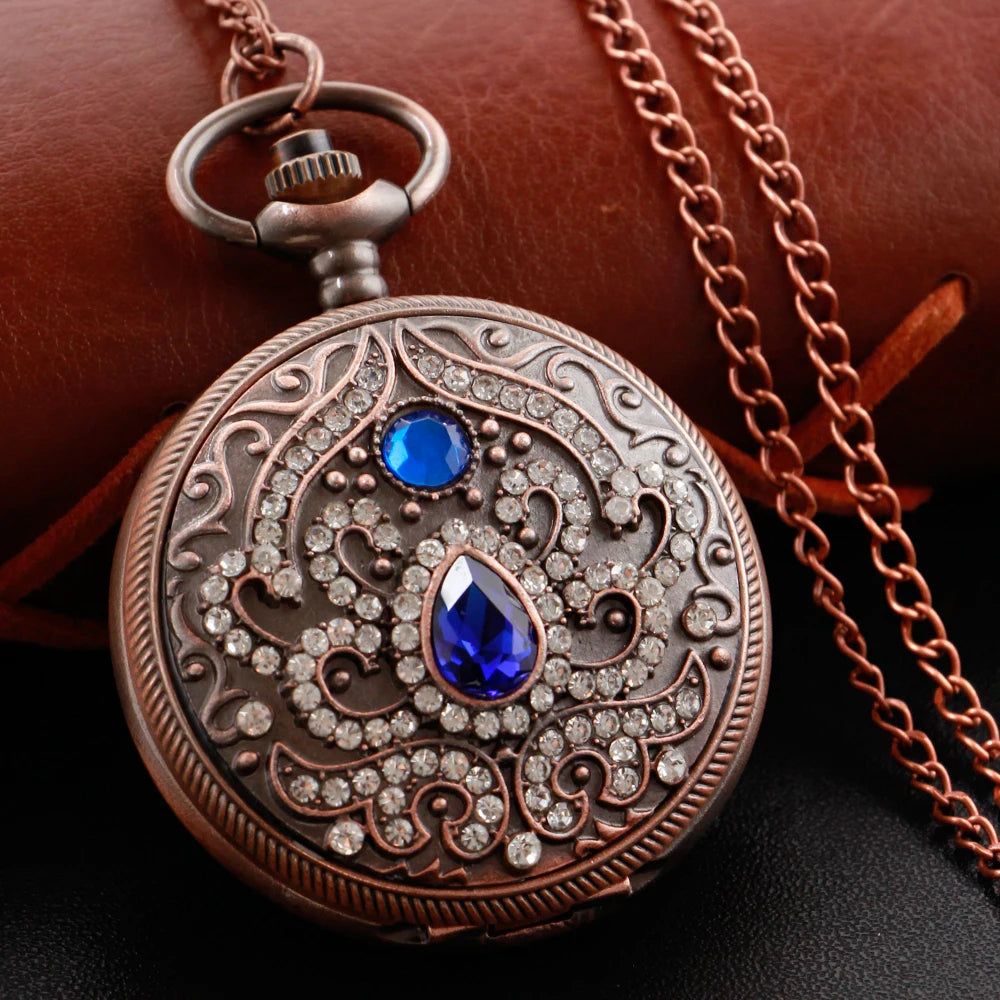 SHUHANG Adults Quartz Analog-Digital Display Gold-Red Ruby Stones On Front-Floral Design On Back Round Shaped Stainless Steel Metal Case Hardlex Face Necklace Chain-Pocket Watches