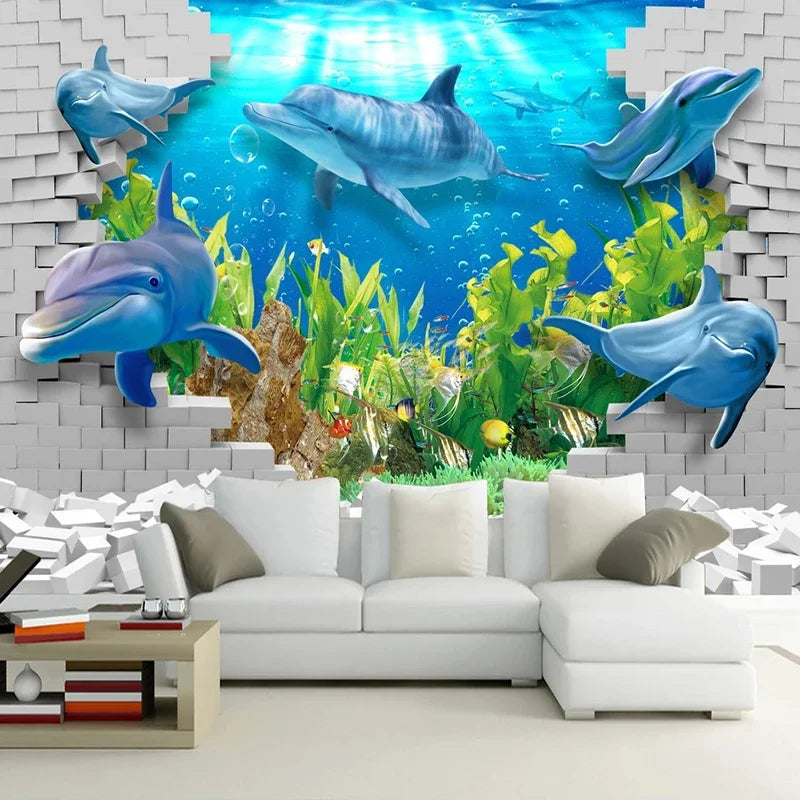 JIADOU Waterproof 3D Printed Sea-Dolphin-Floral Custom Mural Self-Adhesive Plastic Canvas Wood Fiber Wallpaper