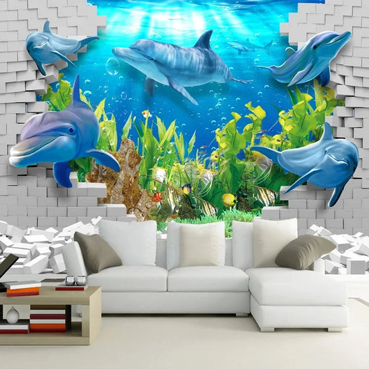 JIADOU Waterproof 3D Printed Sea-Dolphin-Floral Custom Mural Self-Adhesive Plastic Canvas Wood Fiber Wallpaper
