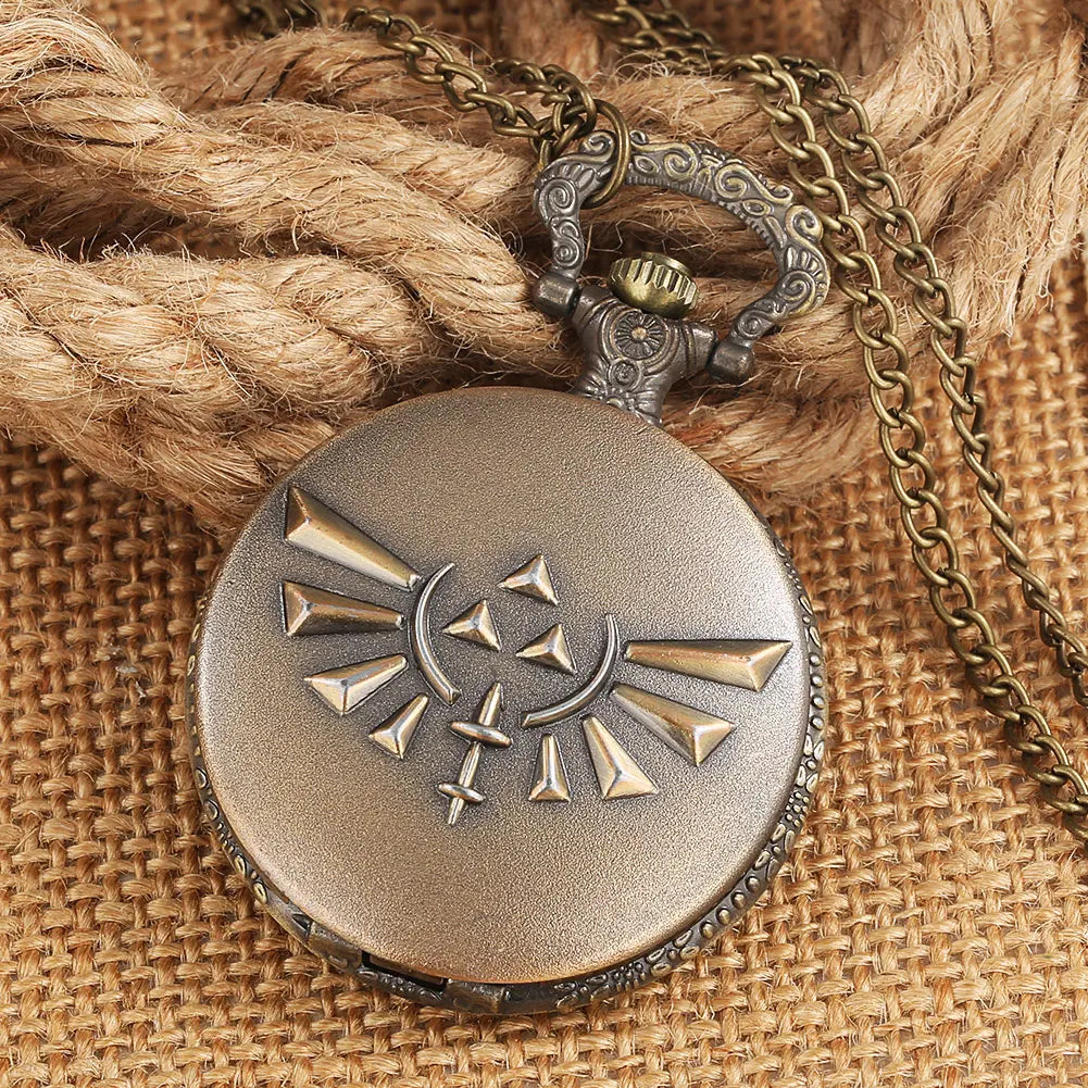 YISUYA Adults Antique ZELDA Design Quartz Acrylic Face Analog Display Steampunk Retro Bronze Round Shaped Metal Alloy Case Bronze Thick-Thin Pendant Necklace Chain-Pocket Watches