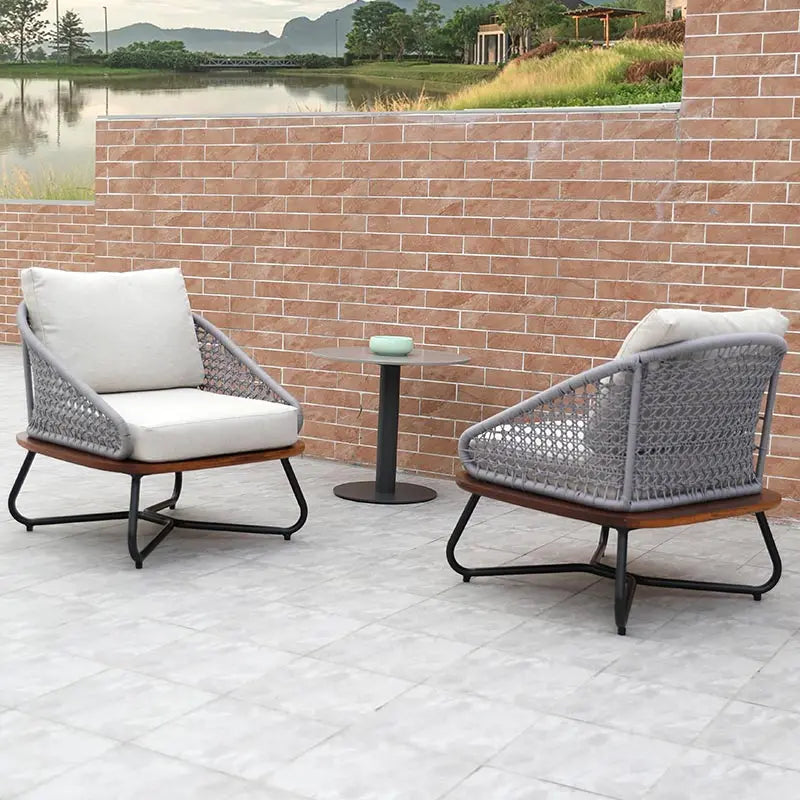 No-EN-Name-Null Outdoor Waterproof Beige Cushions Brown Solid Pineapple Wood Sitting Board Light Gray Plastic Mesh Backrest Black Aluminum Metal Base Patio Sofa Sets/ 2 Solid Wood Sitting Board Chairs/  1 Solid Wood Sitting Board Coffee Table
