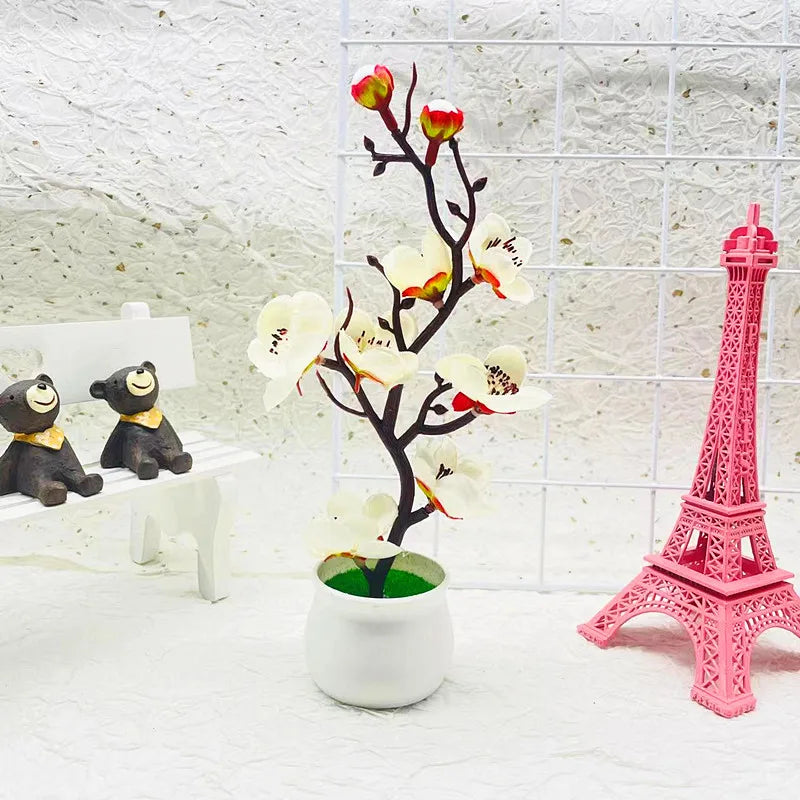 Small Plastic Artificial Realistic Red Bonsai Rosales Flowering Plum Blossom Potted Plants