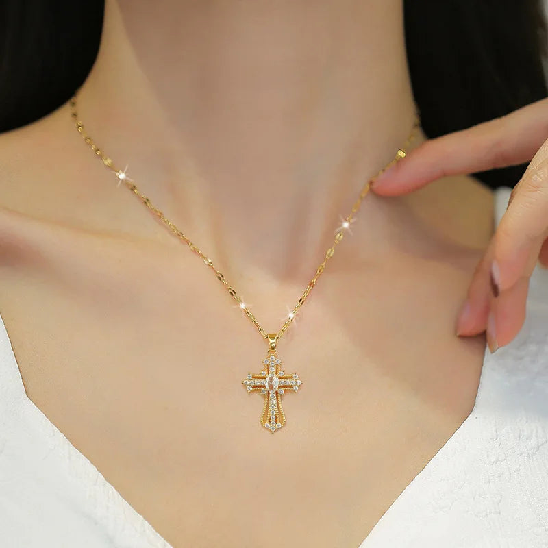 No-EN-Name-Null Women Fine Imitation Stainless Steel Metal Gold-Plated Clear White Shiny Crystal Cubic Zirconia Diamond Accents Stones Hollow Out Cross Pendant Necklaces/Colors-Gold/Silver/Clear/White/Pink/Green