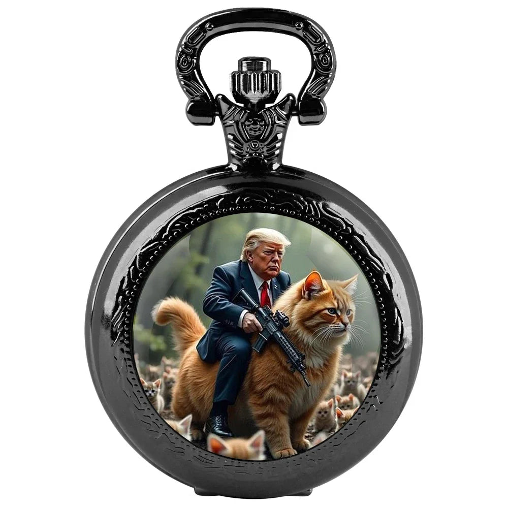 No-EN-Name-Null Adults Antique Quartz Analog Display Acrylic Face Black Metal Alloy Case Humorous Funny Trump Riding Red Tabby Cat-Holding A Automatic Weapon Design Glass Dome Cover The Durable Chain-Pocket Watches/Colors-Gold/Silver/Black/Bronze