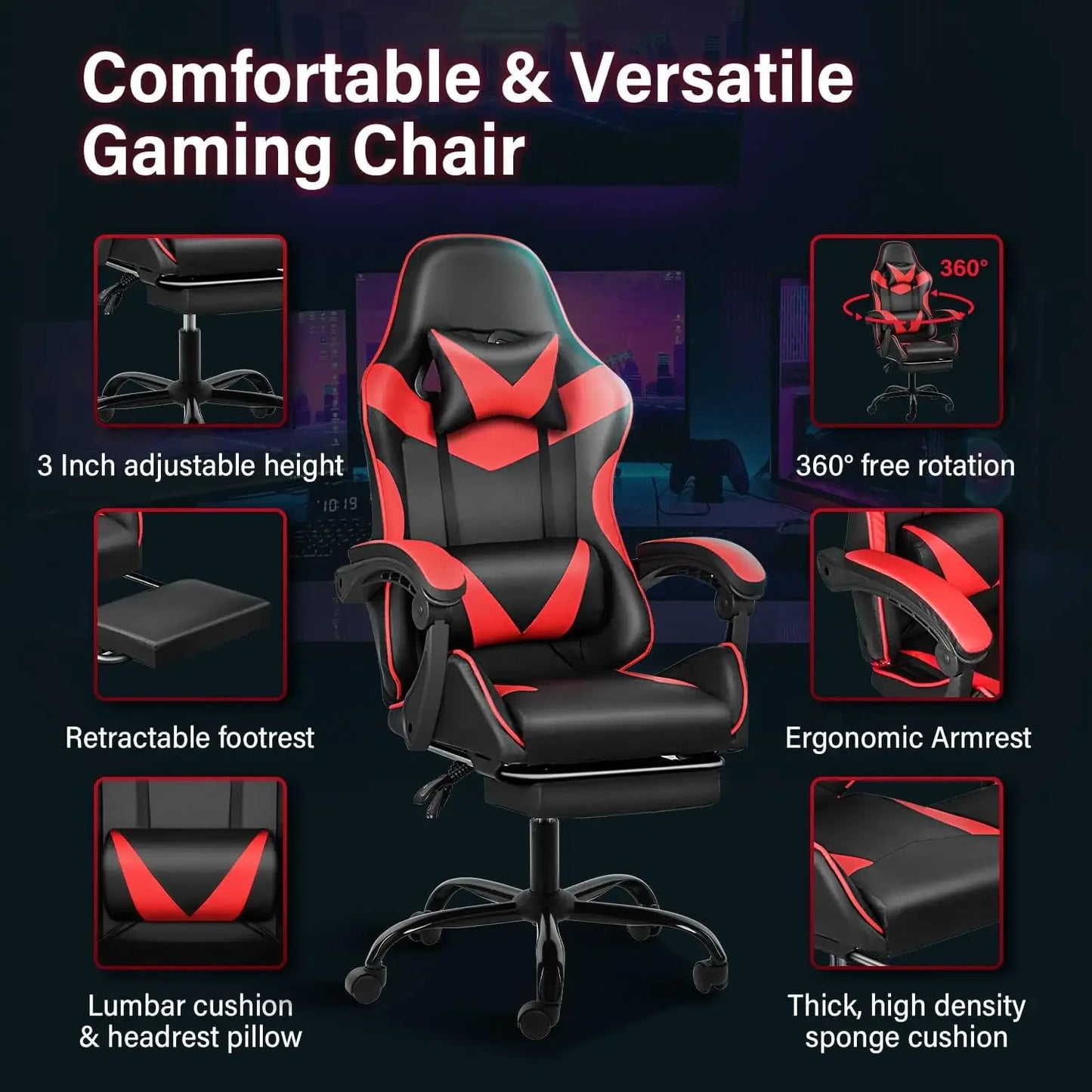 XMSJ Upholstered Padding Faux Leather Black-Red Body Retractable Footrest Customized Adjustable Height-Lumbar Support Gaming Chairs/ Neck Pillow Included