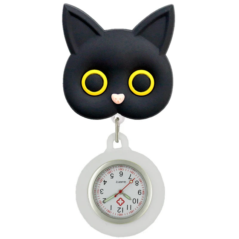 No-EN-Name-Null Adults Waterproof Cartoon Pink Big Cat Paw Metal Alloy Case Arabic Numeral Analog Display Clip-On Nurses-Doctors Fob Hanging Pocket Watches/Colors-White-Black Cat Heads/Yellow-Black-Pink Paws