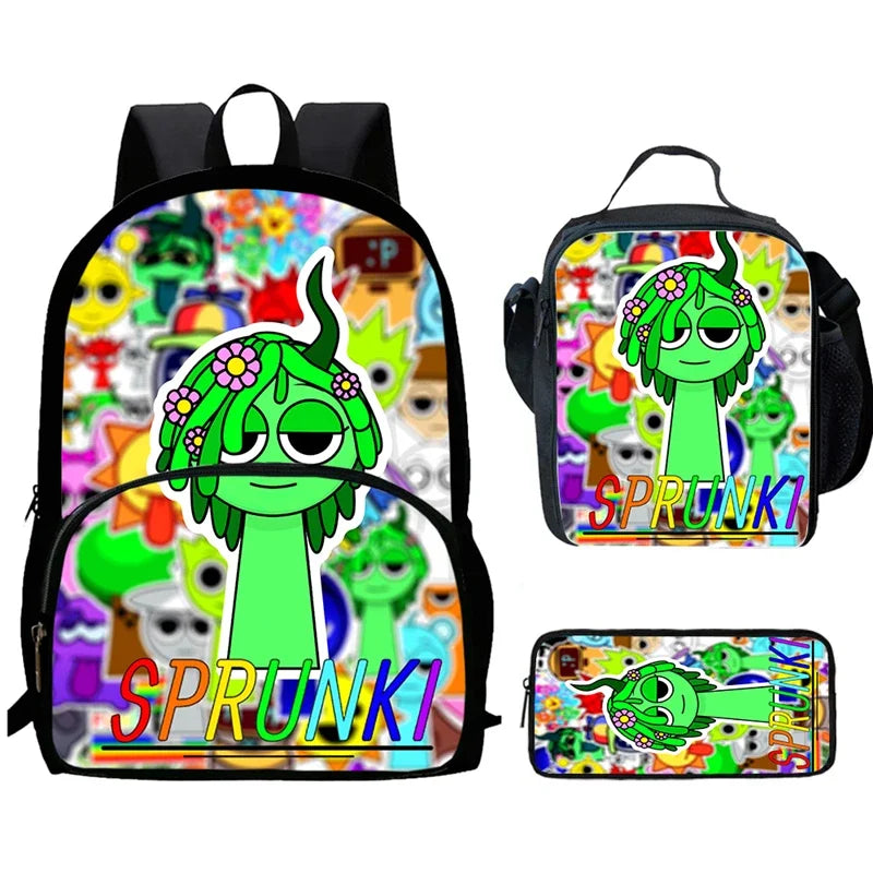 MINISO Kids Waterproof Nylon Fabric 3D Digital Print Cartoon Anime Music Box Sprunky Kids Full Mode Curved Back School Backpacks/Lunch Bag-Pencil Bag/Exterior Pockets/Laptop Compartment/Colors-White/Black/Blue/Multicolor