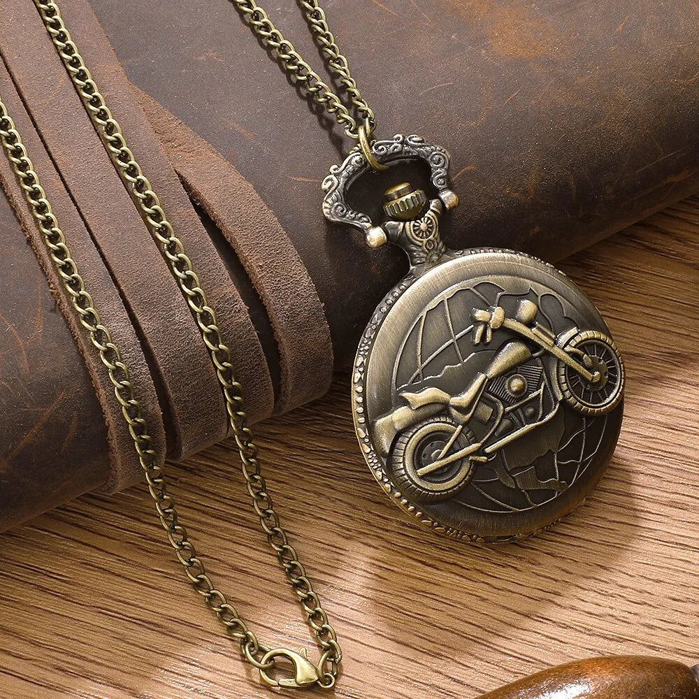 No-EN-Name-Null Adults Waterproof Antique Quartz Analog Display Bronze Round Shaped Metal Alloy Case Glass Face Engraved World Globe Behind Motorcycle Design Chain-Pocket Watches