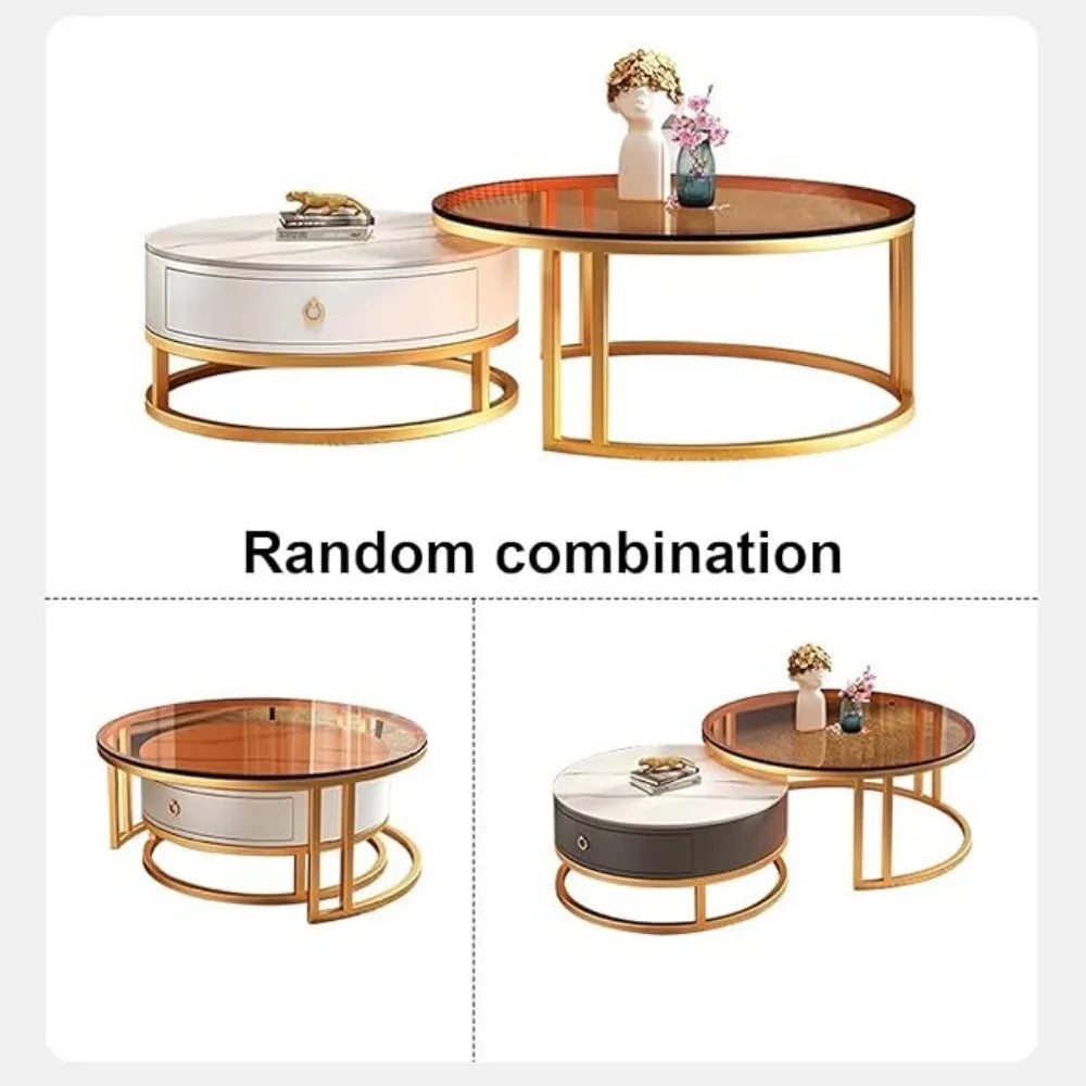 RUO WU Modern Two-In-One Brown Glass Top Metal Frame Base Nesting Coffee Tables/1 Drawer/ Size: 74"D x 74"W x 31"H/Colors-Clear/White/ Silver/ Multicolor