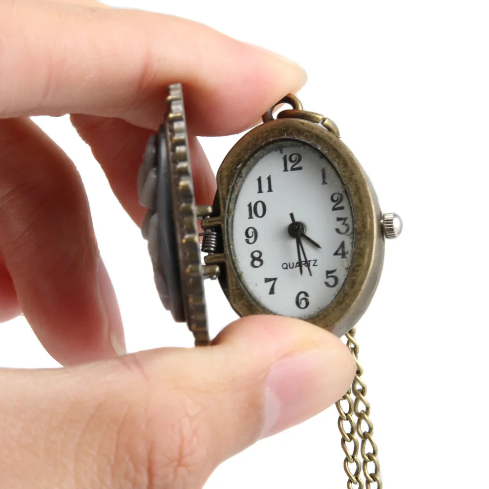 JEWATCHYER Adult Women Vintage Metal Alloy Oval Shaped Quartz Arabic Numeral Analog Display Floral Cameo Carved Rose Bronze Necklace Chain-Pocket Watches