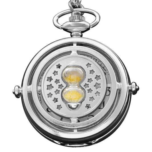 SHUHANG Adults Quartz Movement Exquisite Digital-Analog Display Flip-Out Acrylic Face Silver Stainless Steel Metal Round On Front Stars-Small Hourglass-On Back Floral Design Chain-Pocket Watches
