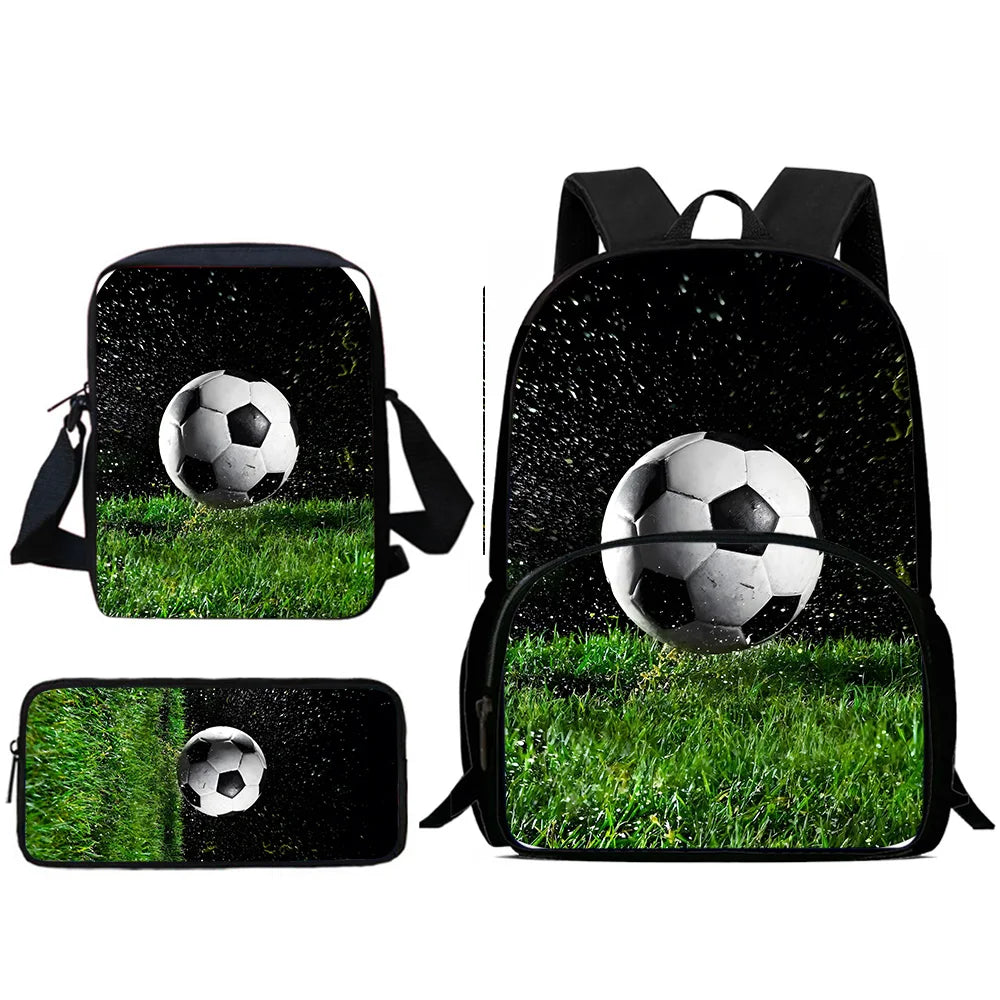 MINISO Kids 3 PCS Large Waterproof Nylon Fabric Zippers Exterior Pockets Printed-Burning Flames Soccer Ball Design Curved Back Shoulder Straps-Handle Sports IPAD Compartment School Backpacks/Color-Black/White/Blue/Multicolor