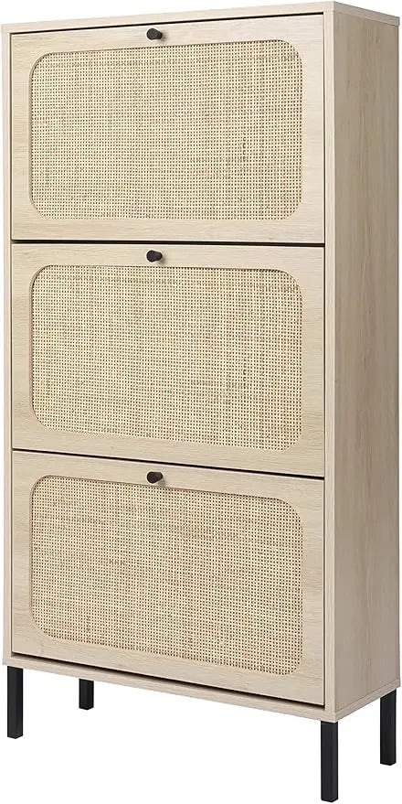 ANGDUO Indoor Beige-Black Natural Rattan 3 Tiers Flip-Out Drawers Free Standing Four Black Metal Feet Shoe Organizers/Product Dimension:9.45"D x 23.6"W x 48.9"H/ Product Weight:41lbs/Assembly Required/Storage Options Also