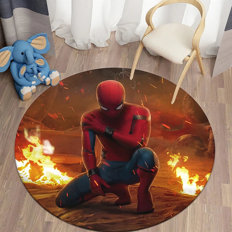 MINISO Round Shaped HD Printed Red Background MARVEL Spider Man Design Anti-Slip Plastic Dots Bottom Fade Resistant Soft Velvet Polyester Fabric RUGS /Colors-Orange/Blue/Red/Multicolor