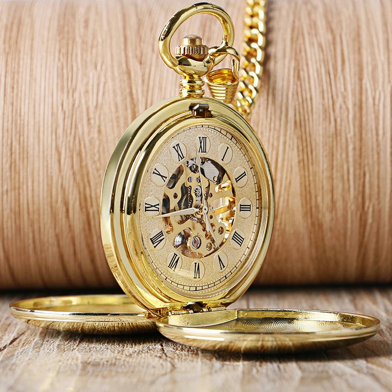 OHSEN Men Quartz Analog Display Acrylic Face Roman Numeral Stainless Steel Metal Round Case Double-Sided Skeleton Dial Transparent Back Cover Steampunk Mechanical Hand Wind Chain-Pocket Watches/Colors-Silver/Bronze/Gold/Black/Rose Gold