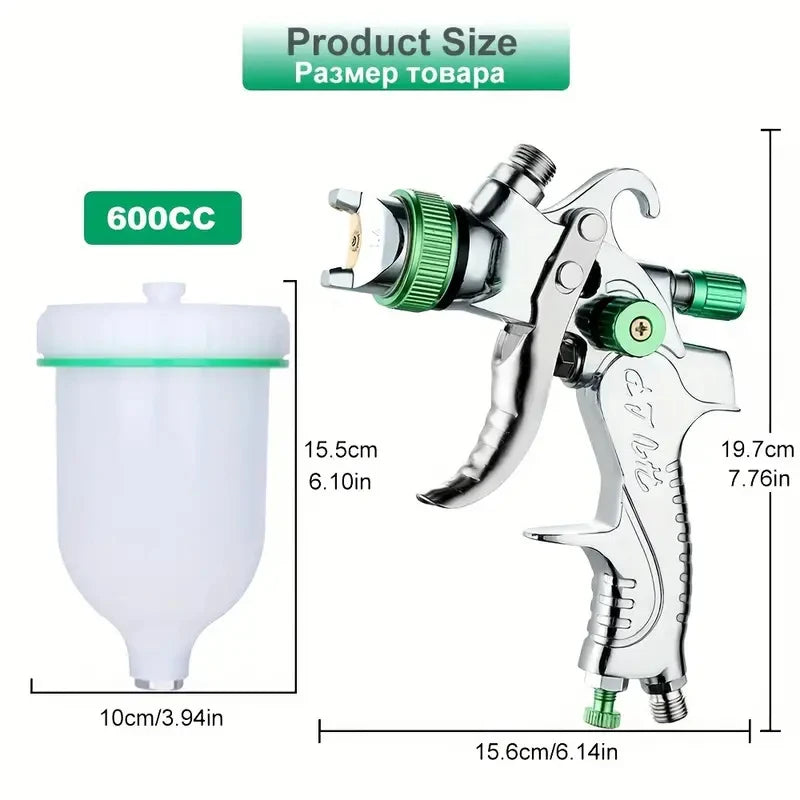JUNEFOR Handheld Pneumatic Power Gravity Feed White PVC Plastic Cup-Green Trim High Volume Low Pressure Adjustable Silver Stainless Steel Needle-Nozzle Large Professional Paint Sprayers