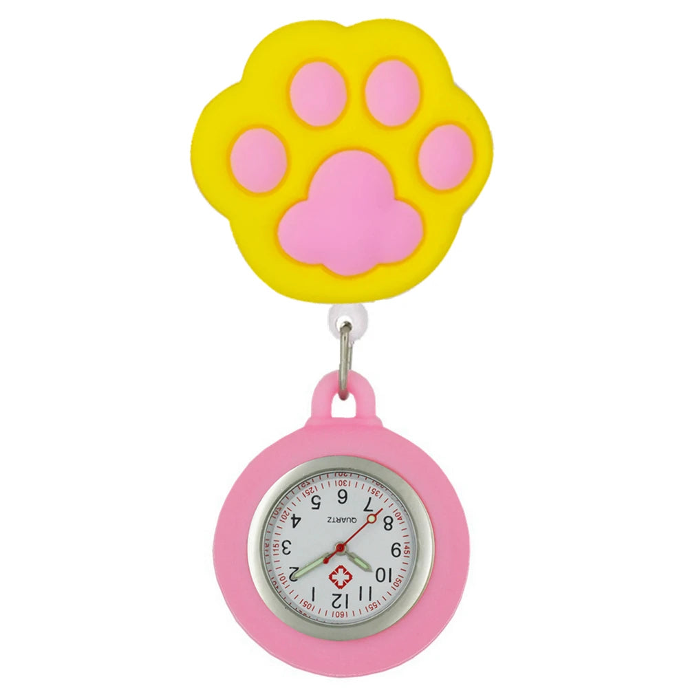 No-EN-Name-Null Adults Waterproof Cartoon Pink Big Cat Paw Metal Alloy Case Arabic Numeral Analog Display Clip-On Nurses-Doctors Fob Hanging Pocket Watches/Colors-White-Black Cat Heads/Yellow-Black-Pink Paws