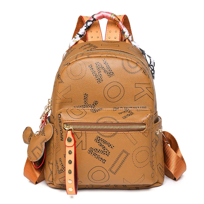 Women Disney's Waterproof Brown Faux Leather Geometric Letter Design Mickey Head Zipper Resin Mesh External Rear Pocket Detachable Straps-Handle Built-In Single 7.9 IPAD Compartment External Frame School Backpacks/Colors-Brown/Beige/Black