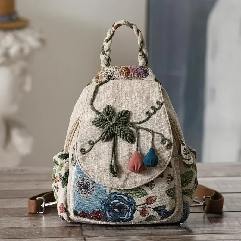 No-EN-Name-Null Women Waterproof Double Zippers Front External Pockets Multicolor Canvas Fabric Bohemian Floral Back Strays-Handle Built-In Single Compartment Lightweight Travel Backpacks/Colors-Beige/Multicolor/Floral