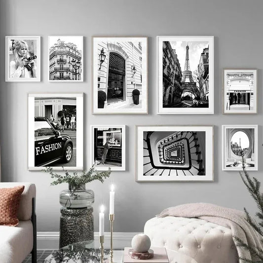 No-EN-Name-Null Modern Customized Unframed Rectangle Cotton Canvas Waterproof Still Life Paris City-Travel-Fashion-Fine Art  Black-White HD Prints/Colors-Gray/Green/Black/White/Multicolor
