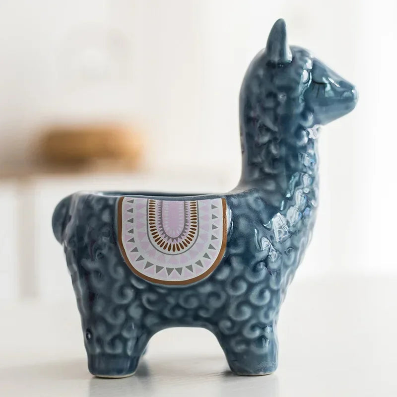 No-EN-Name-Null Home Garden Unglazed Ceramic Blue Cute Cartoon Alpaca-Owls Animal Mini Succulent Desktop Flower Pots Planters /Colors-Red/White/Blue/Gold/Animals