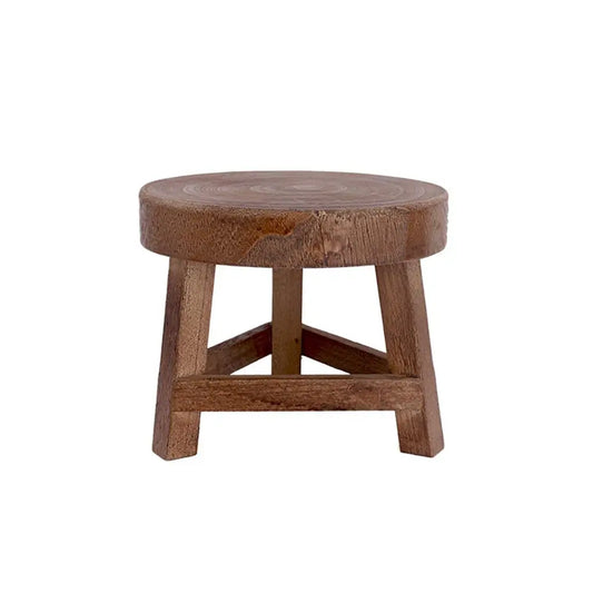 No-EN-Name-Null Countryside Old Antique Backless Smooth Round Shaped Small Hard Flat Seat Top-Brown Solid Tung Wood Triangle Shaped-3 Legs Base Frame Plant Supports