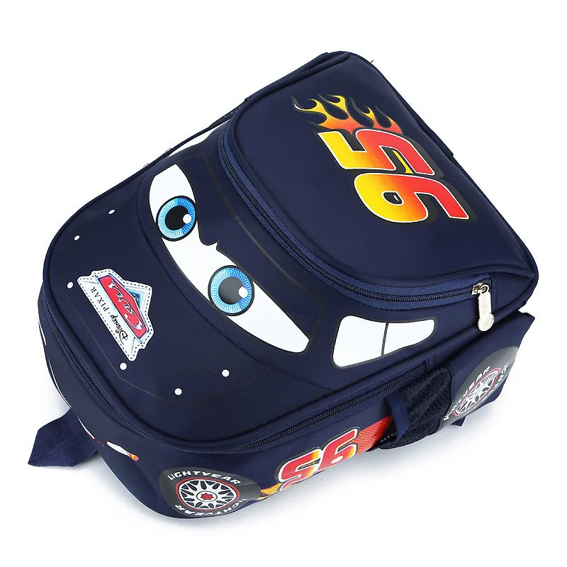 MINISO Kids Kindergarten Cute Cartoon Disney CARS Movies-TV Design Double Zippers Anti-Splashing Waterproof Red-Blue Nylon Fabric Shoulder Straps Exterior Pockets Side Water Bottle Holder School Backpacks