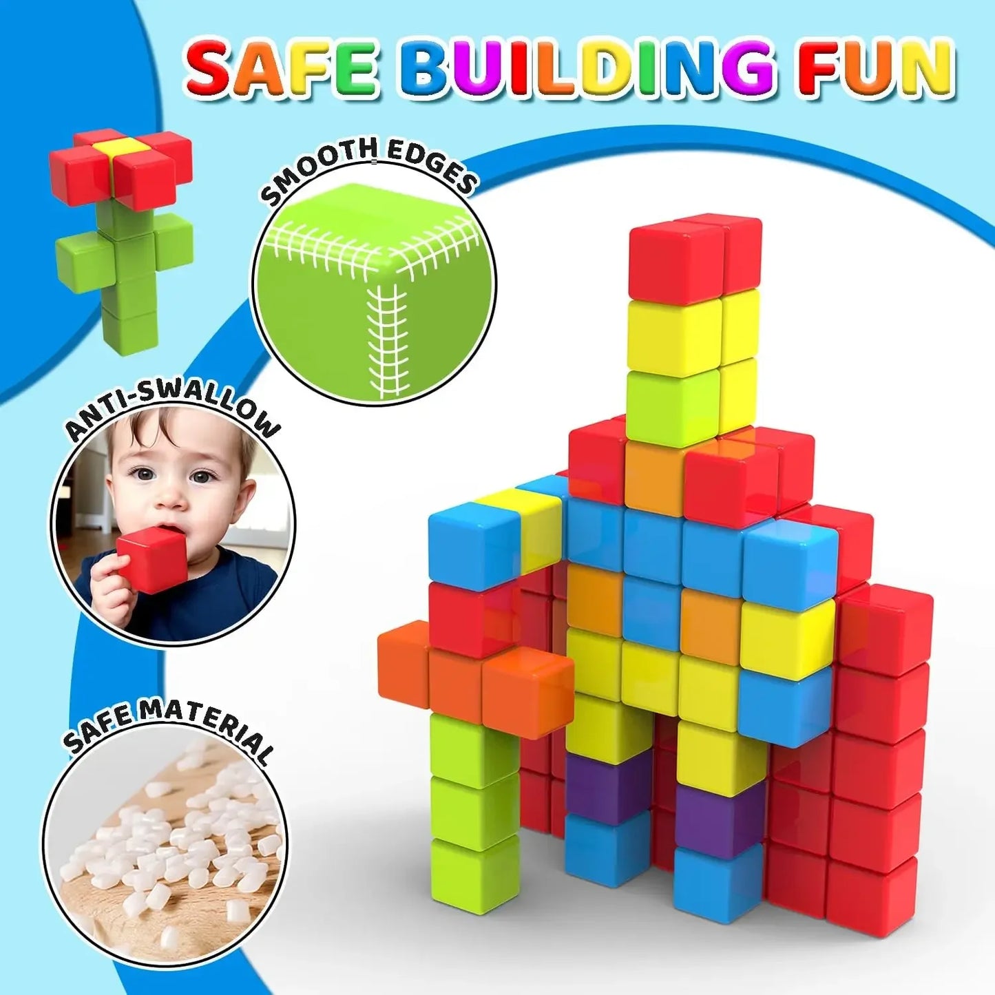 No-EN-Name-Null Kids Non-Toxic Multicolor Plastic Square Shaped Strong Magnetic Micro Building Smooth Edges Blocks Construction Set Toys/ Colors-Red/Multicolor/Ages: 3-18 Years Old-Adults