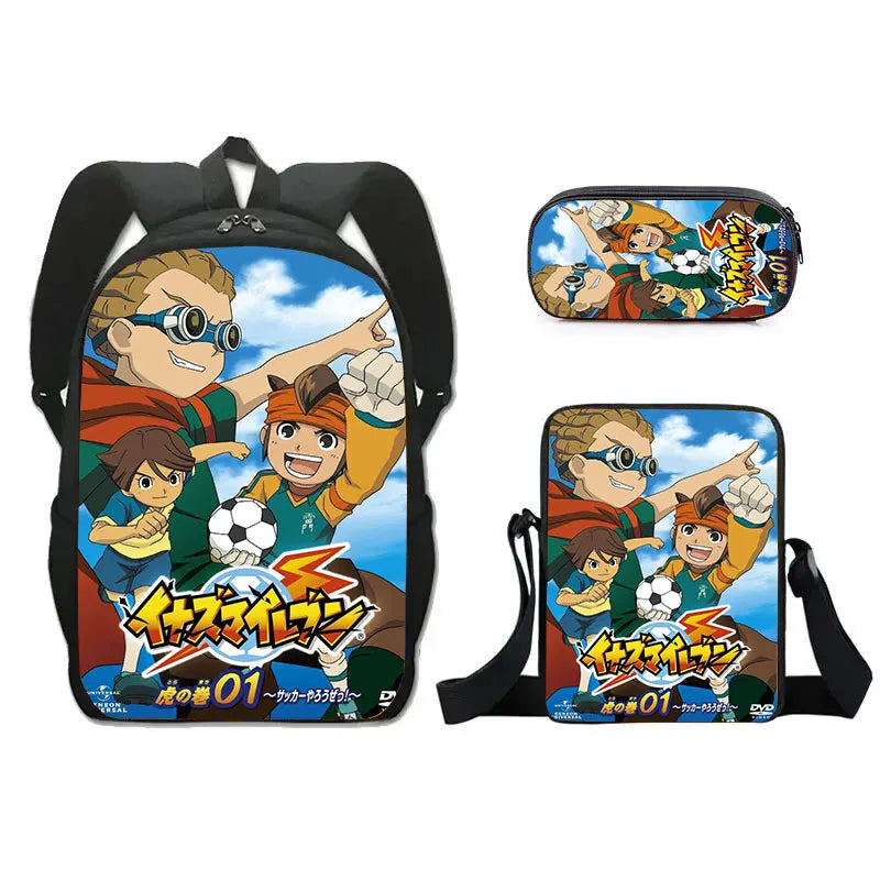 FANTASY VALLEY Women 3 PCS Softback Anime Inazuma Eleven Zippers Waterproof Multicolor Oxford Nylon School Backpacks Sets/ Colors-Black/Blue/Multicolor