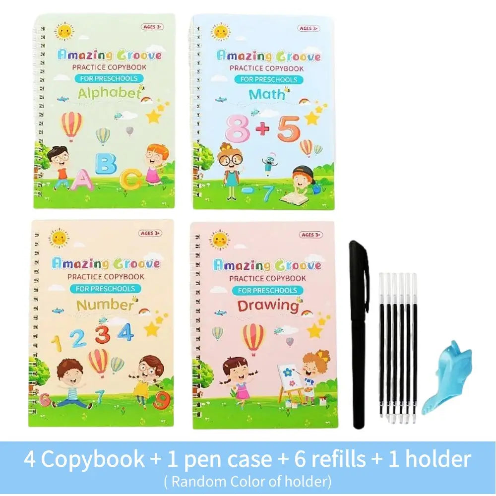 No-EN-Name-Null 4 PCS Parent-Kids Interacting Reading Amazing Groove Practice Copybook English Plastic-Cardboard Paper Copybooks Reusable Reading Toys /1 Pen Case/6 Refills/1 Holder/1 Free Pen Grip/Free Pens/Ages: 1-18 Years Old