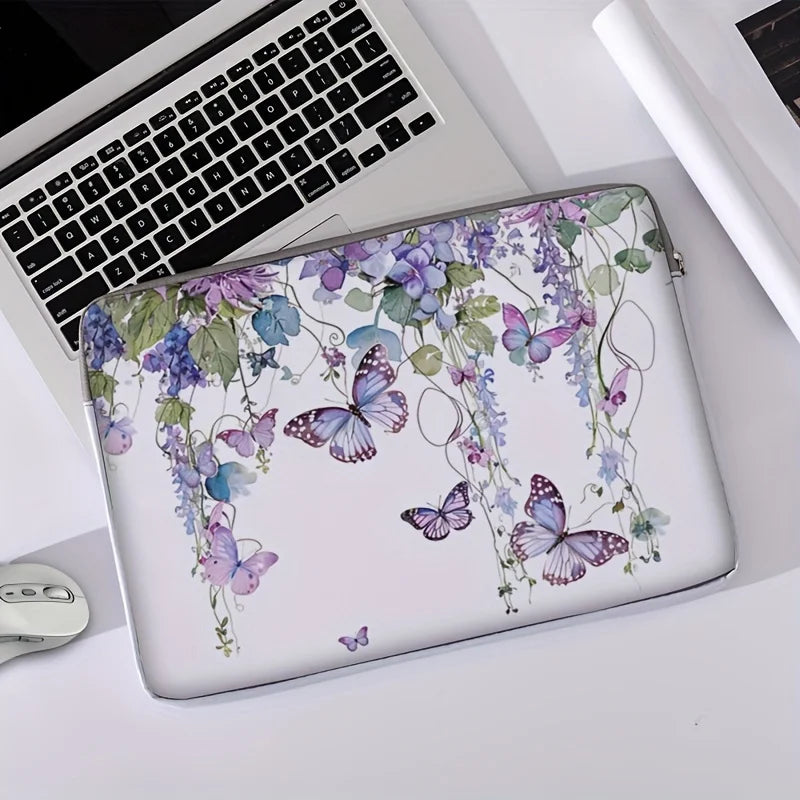 No-EN-Name-Null Modern Rectangle Floral Purple Butterfly Design Polyester Lining Carry Handle Internal Padding Single 14 Inch Laptop Compartment Zippered Bag Briefcases/ Suitable for 14 inch Laptops/With Handle/Without Handle