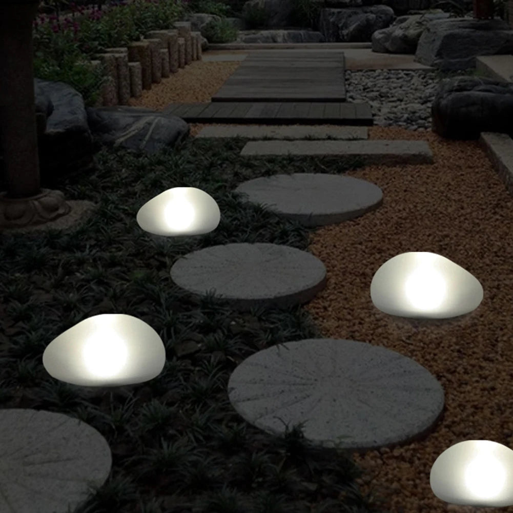 TWISTER.CK Outdoor Waterproof Solar-Powered Rechargeable Sliver Plastic-Sandblasted Glass Glowing Silver Cobble Stones Shaped Daylight-Cool White Stake Landscape Pathway Lighting /Colors-White/Brown/Yellow/Gold/Silver/Geometric