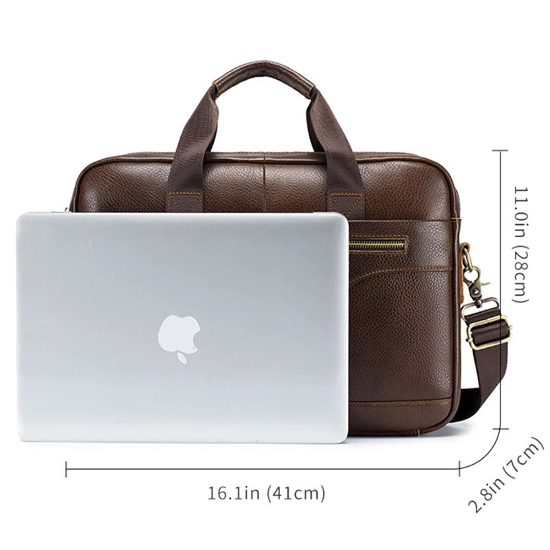 SCHLATUM Men Brown-Black Cowhide Leather Rectangle Shaped Two Handles-One Shoulder Strap Silver Metal Zipper Polyester Lining 15.6 Inch Single Laptop Compartment Briefcases /Colors-Black/Brown
