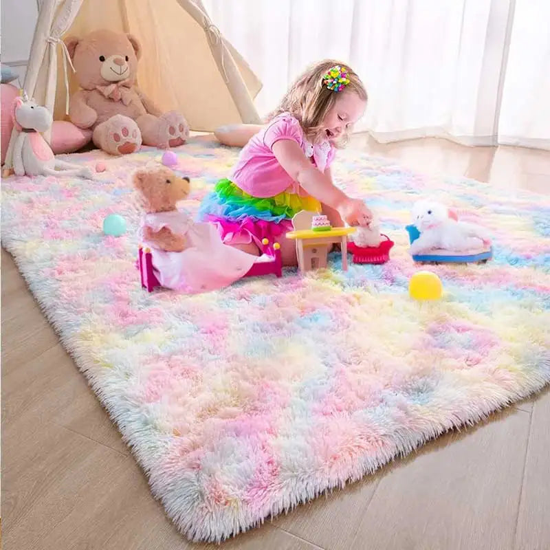 FORSWAN Kids Indoor Modern Soft Plush Heart Pattern Polyester Fabric Non-Slip Plastic Bottom Rectangle Shaped Rugs/Green Grass/Pink/Camel/ White/Tie Dye/Rainbow/Multicolor