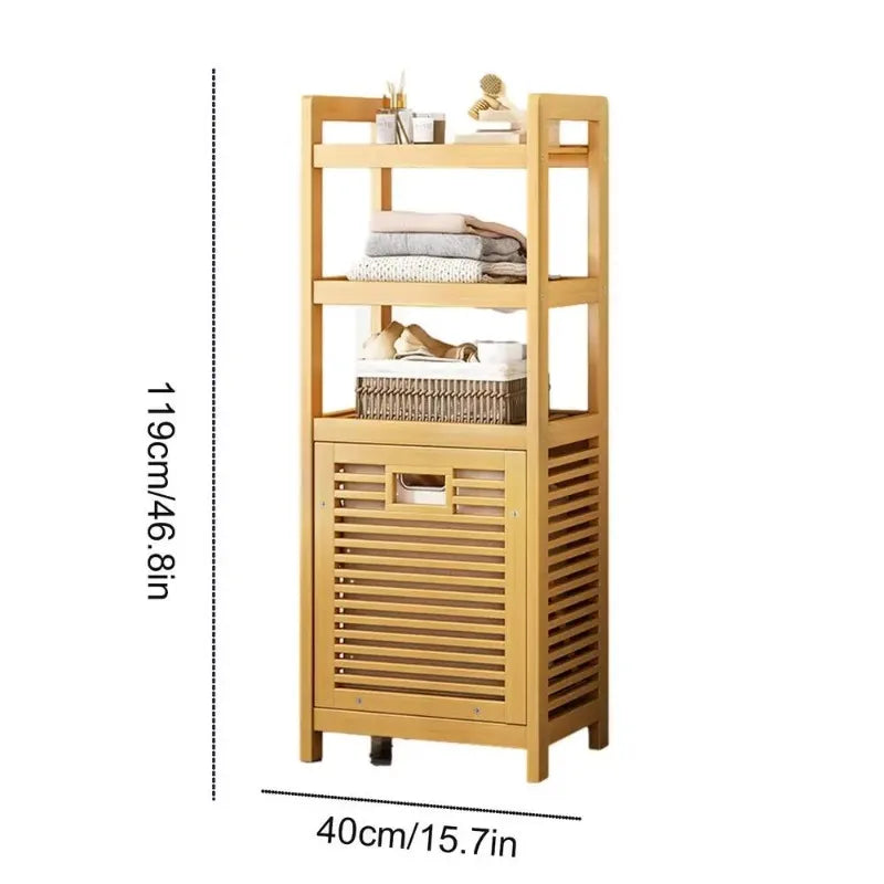 No-EN-Name-Null Modern Large Waterproof Lining 3-4 Tier Storage Shelves Brown-Beige Bamboo Solid Wood Boards Tilt Out Strip Laminates Laundry Hamper Baskets