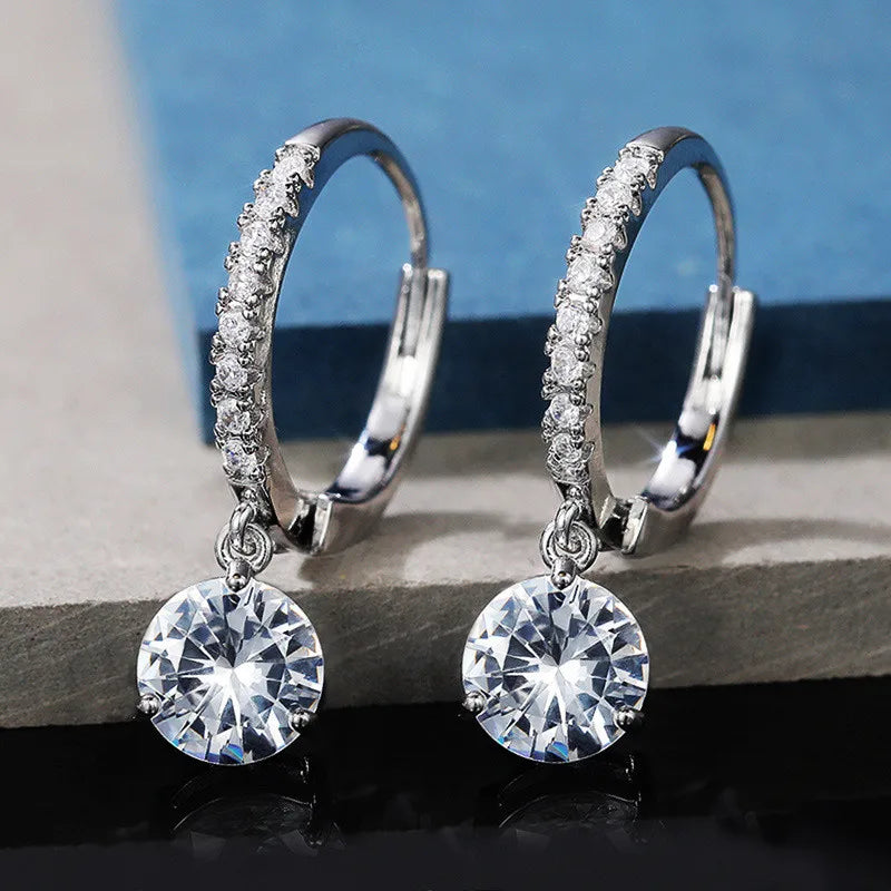 MODYLE Adult Women Imitation Cubic Zirconia Clear Diamond Stones Fine Jewelry Geometric Round Shaped Sterling Silver-Plated  Metal Dangle Water Drop Hoop Earrings