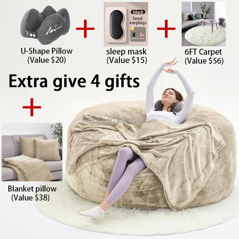 No-EN-Name-Null Modern Italian Design Large Three Seat Soft Plush Brown Round PU Polyester-Flannel Fabric Bean Bag Chairs/Zippered /Removable-Washable Cover/Extra 4 Gifts Included/ Sponge Filler Included /Colors-Gray/Beige/Brown/Blue/Black