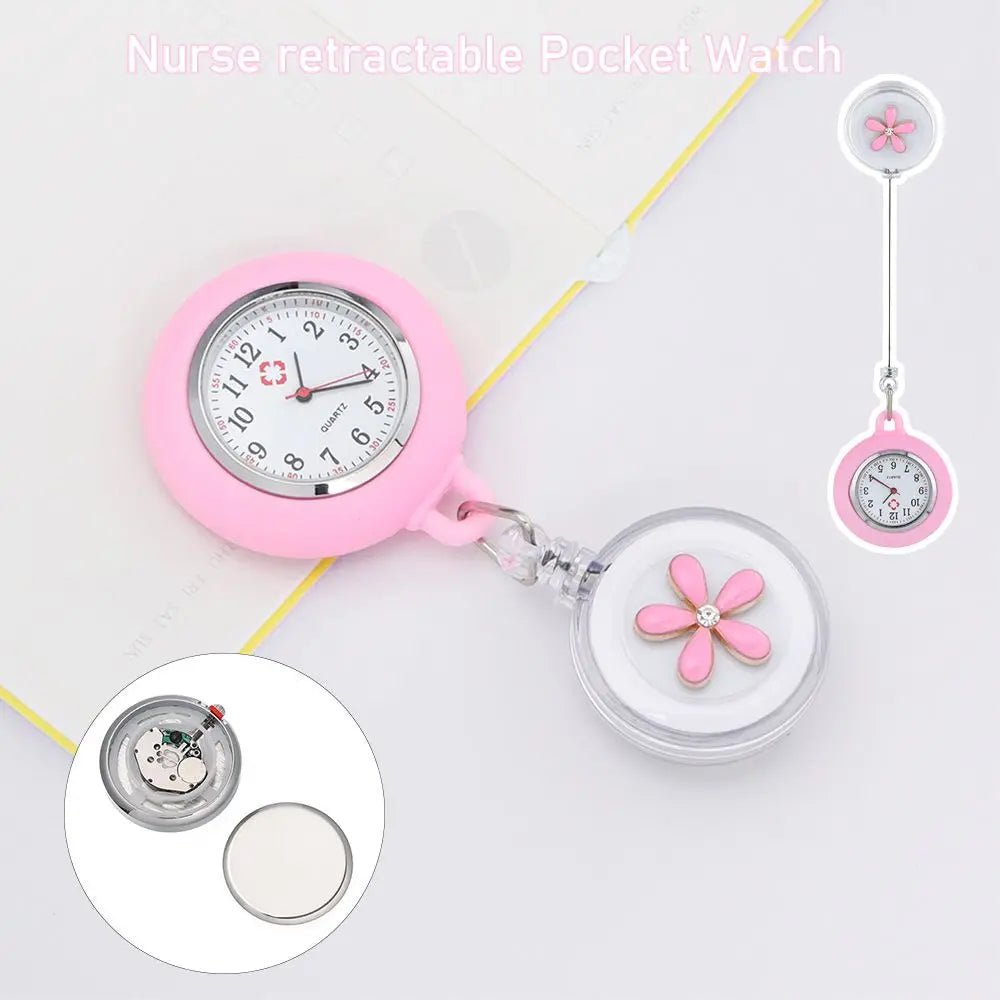 No-EN-Name-Null Adults Waterproof Glass Face Round Shaped Quartz Digital-Analog Display Nurse-Doctor Cute Flower Design Pink Silicone Cover Metal Alloy Case Clip-On Retractable Fob Pocket Watches/Colors-Pink/Black/Blue/White