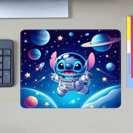 MINISO HD Printed Non-Toxic Small Blue-Multicolor Rectangle Thermal Transfer Anime Cartoon Stitch-Lilo In Space-Planets-Stars Themes Soft Non-Slip Natural Rubber Bottom Sealing Edges Computer Gaming Mouse Pads