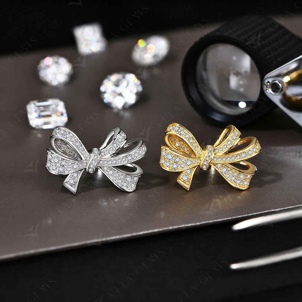 ATTAGEMS Sterling Silver 18K Gold-Plated Bow-Knot Shaped Gold-Silver Full Moissanite Shiny Clear White Imitation Diamond Stones Prong Wedding Solitaire Bands Rings/Colors-Silver/Gold/White