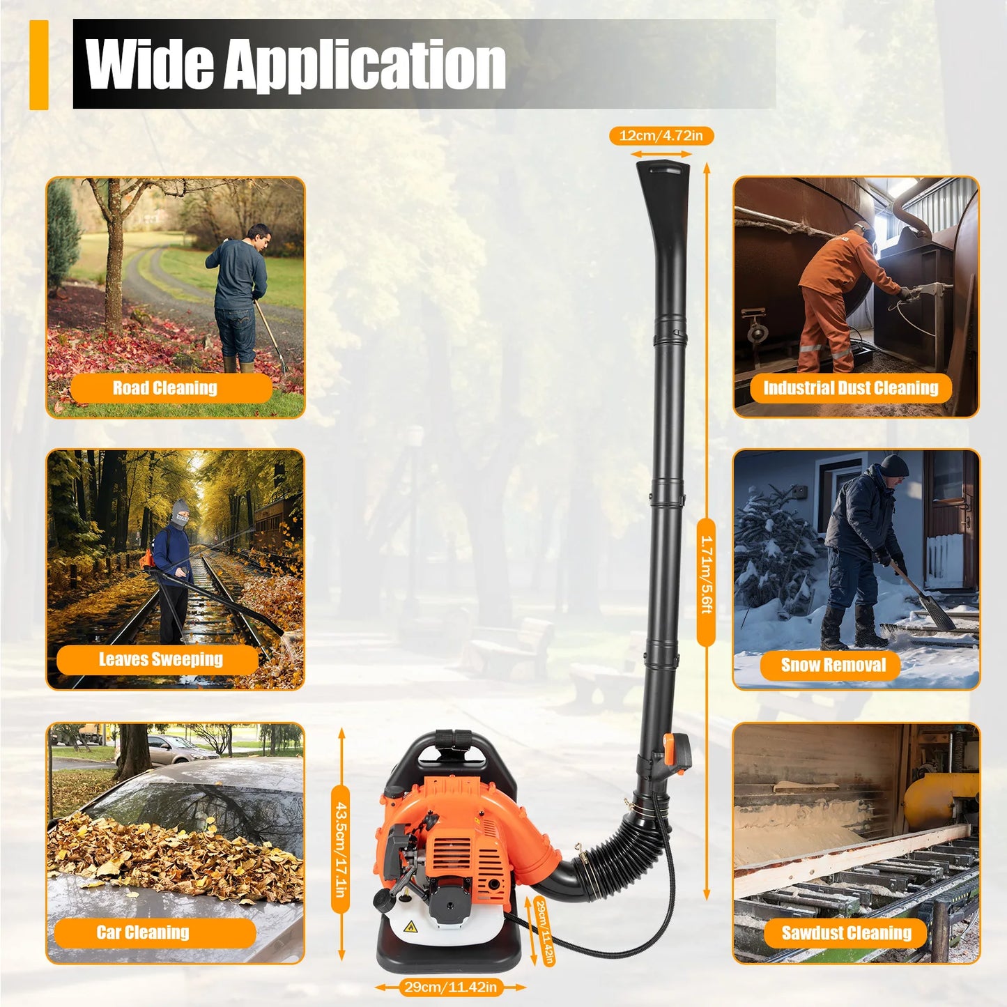 No-EN-Name-Null Outdoor Commercial Grade Gas-Powered Orange-Black-White Plastic Body Stainless Steel 2-Stroke Air-Cooled Engine Oil Contactless Electronic Ignition Gasoline Powered Backpack Leaf Blowers