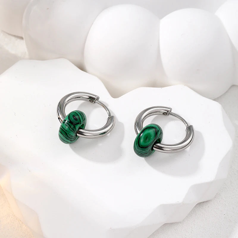 DAYOFF Adult Women Fine Imitation Silver Stainless Steel Metal Natural Green Stones Earrings/Colors-Green/Blue/Multicolor/Silver