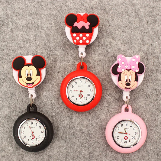 MINISO Adults Waterproof Quartz Round Red-Black Rubber Cover Metal Acrylic Case-Face Arabic Numeral Cute Cartoon Couples Minnie-Mickey Mouse-Daffy-Daisy Duck Clip-On Fob Pocket Watches/Colors-Gray/Orange/Gold/Green/Pink/Black/Brown/Blue