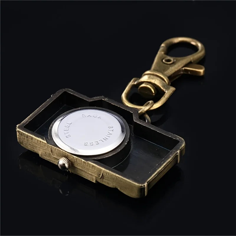 No-EN-Name-Null All Ages Adults Classic Antique Quartz Analog Display Brown-Bronze Cute Cartoon Retro Camera Shaped Design Backpack Keychain Pocket Watches