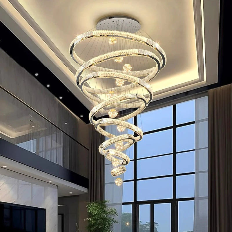 Modern Stainless Steel LED Warm Cool Twisted Ring Cord Pendant Hanging Crystal Chandelier Ceiling Lights/Dimming Remote Control/Touch On-Off/Colors-Gold/Silver